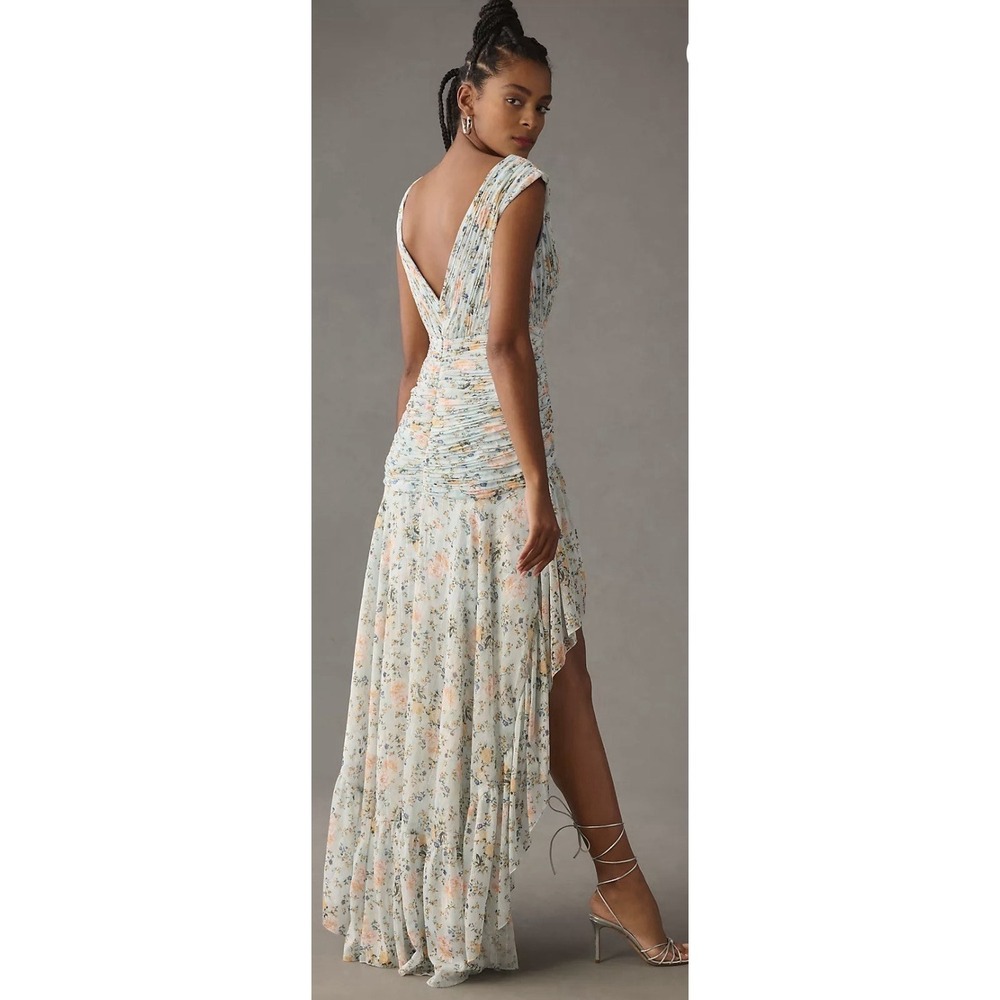Mac Duggal Floral Print Ruched Cap Sleeve High Low Gown Blue Multi Size 6 - Picture 2 of 13
